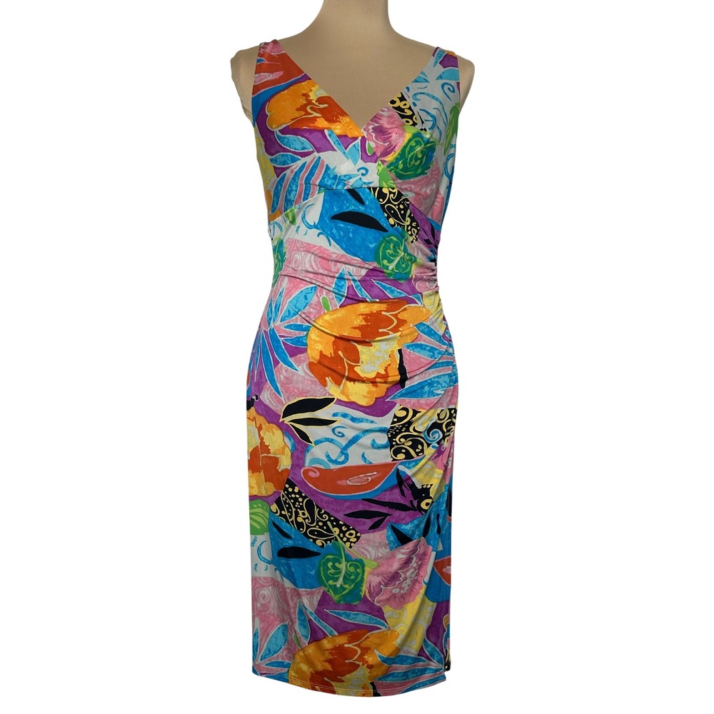 Lauren Ralph Lauren Ruched Sheath Dress Size 10 Floral Colorful Dopamine